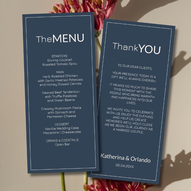 Navy Blue Old Money Wedding Menu Thank You Note (Creator Uploaded)