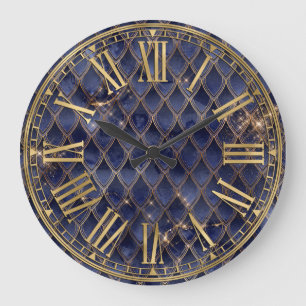 Navy Blue Ombre & Gold Sparkle Dragon Scales Large Clock
