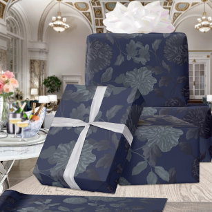 Navy Blue Ombre Modern Vintage Floral Wrapping Paper