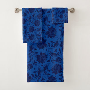 Navy blue on blue vintage damasks bath towel set