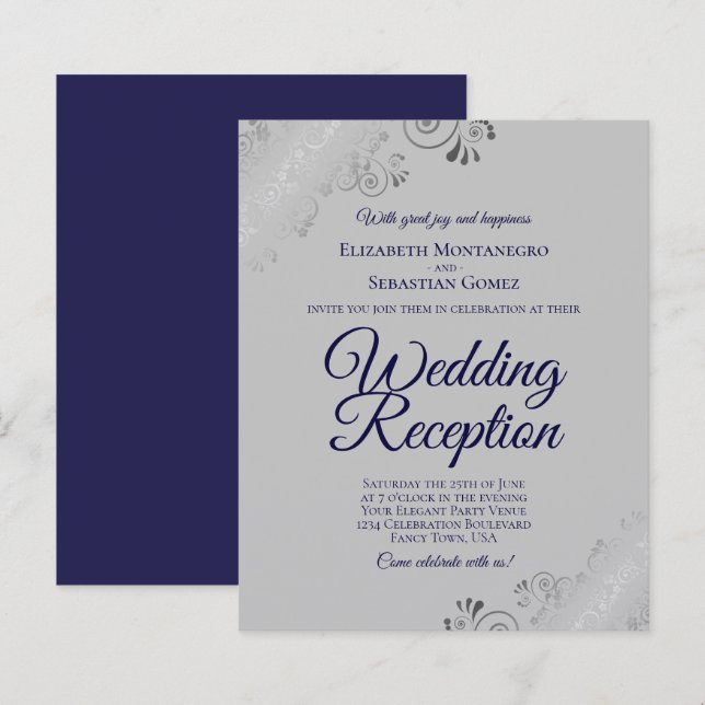 Navy Blue on Grey BUDGET Wedding Reception Invite (Front/Back)