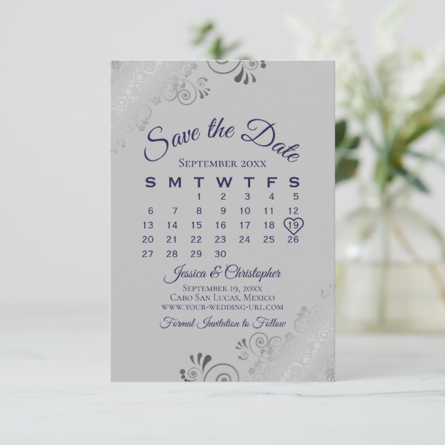 Navy Blue on Grey Silver Curls Wedding Calendar Save The Date (Standing Front)