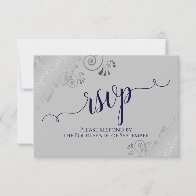 Navy Blue on Grey Silver Lace Calligraphy Wedding RSVP Card (Front)