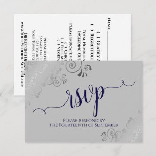 Navy Blue on Grey Silver Lace Calligraphy Wedding RSVP Card