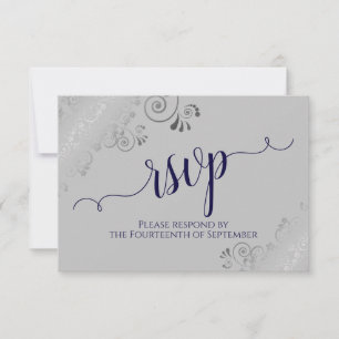 Navy Blue on Grey Silver Lace Calligraphy Wedding RSVP Card