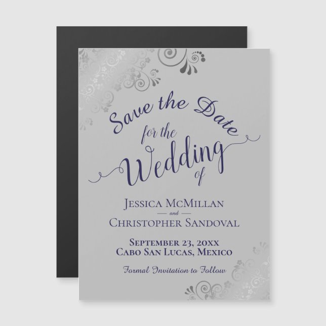 Navy Blue on Grey Silver Lace Save the Date Magnet (Front/Back)