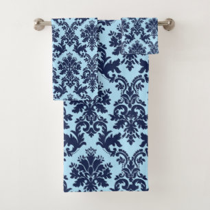 Navy blue on light blue vintage floral damasks bath towel set