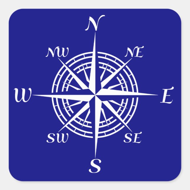 Navy Blue On White Coastal Compass Rose Square Sticker (Front)