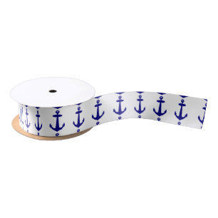 Navy Blue On White Coastal Decor Anchor Satin Ribbon