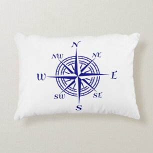 Navy Blue On White Coastal Decor Compass Rose Accent Pillow