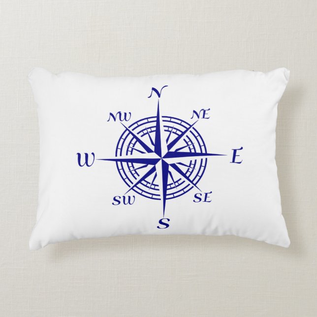 Navy Blue On White Coastal Decor Compass Rose Accent Pillow (Front)