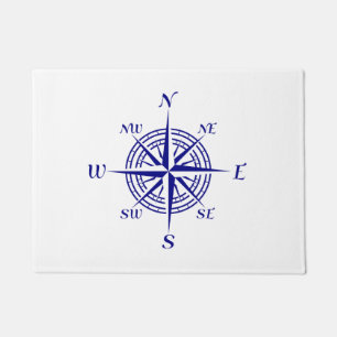 Navy Blue On White Coastal Decor Compass Rose Doormat