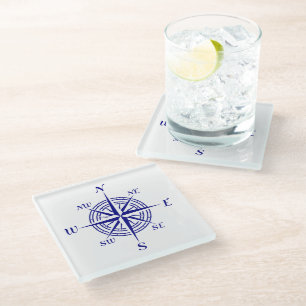 Navy Blue On White Coastal Decor Compass Rose Glass Coaster