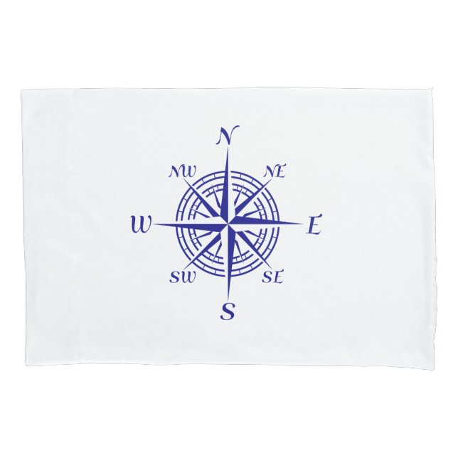 Navy Blue On White Coastal Decor Compass Rose Pillowcase (Front)