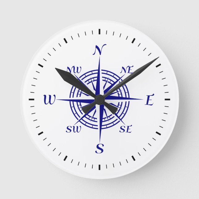Navy Blue On White Coastal Decor Compass Rose Round Clock (Front)
