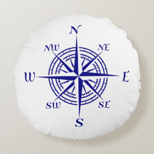 Navy Blue On White Coastal Decor Compass Rose Round Pillow