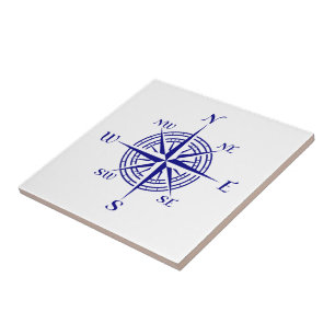 Navy Blue On White Coastal Decor Compass Rose Tile
