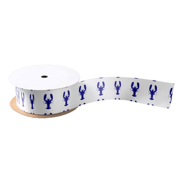 Navy Blue On White Coastal Decor Lobster Satin Ribbon (Spool)