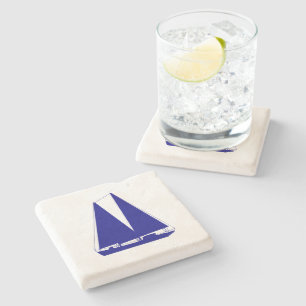 Navy Blue On White Coastal Decor Sailboat Stone Coaster