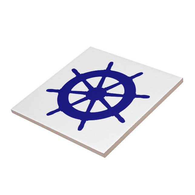 Navy Blue On White Coastal Decor Ship Wheel Tile (Side)