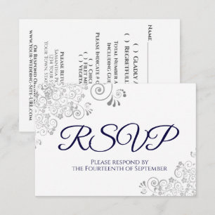 Navy Blue on White Elegant Silver Lace Wedding RSVP Card