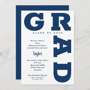 Navy Blue on White Graduation Party Invitation
