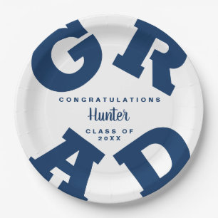 Navy Blue on White Graduation Personalized Paper Plate