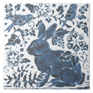 Navy Blue on White Rabbit Bird Leaf Asian Art Deco Tile