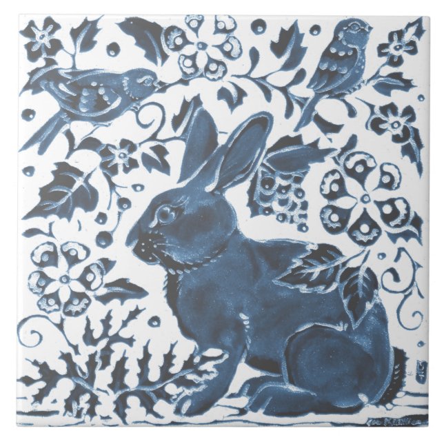 Navy Blue on White Rabbit Bird Leaf Asian Art Deco Tile (Front)