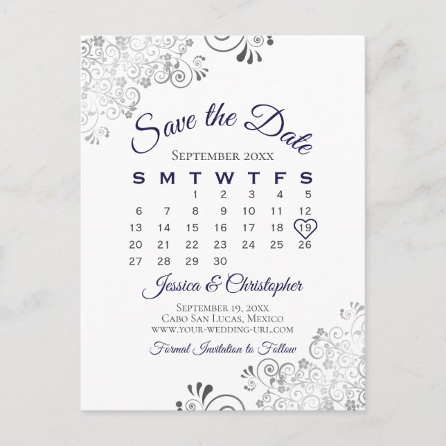 Navy Blue on White Wedding Save the Date Calendar Announcement Postcard (Front)