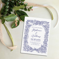 Navy Blue on White Wildflower Bird Drawing Wedding