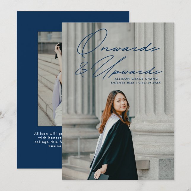 Navy Blue Onwards and Upwards 2 Photo Graduation Announcement (Front/Back)