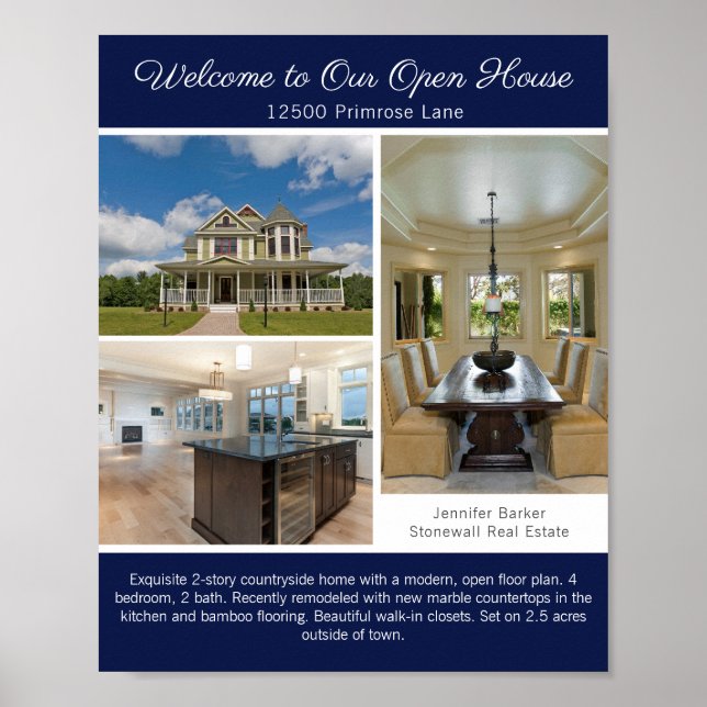 Navy Blue Open House Welcome Real Estate Photo Poster (Front)