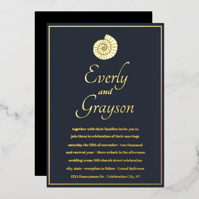 Navy Blue Opulence Seashell Beach Gold Wedding     (Front/Back)