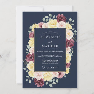 Navy Blue Opulent Floral Wedding Invitation