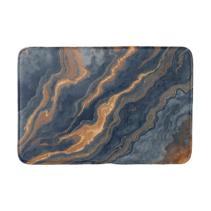 Navy Blue Orange Abstract Marbled Bath Mat