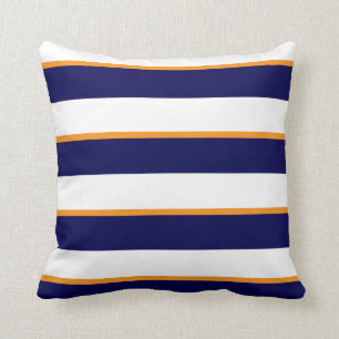 Navy Blue, Orange and Large White Stripes Throw Pillow