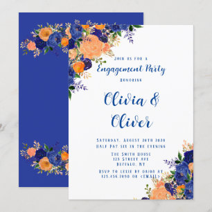 Navy Blue Orange Botanical Floral Engagement Party Invitation