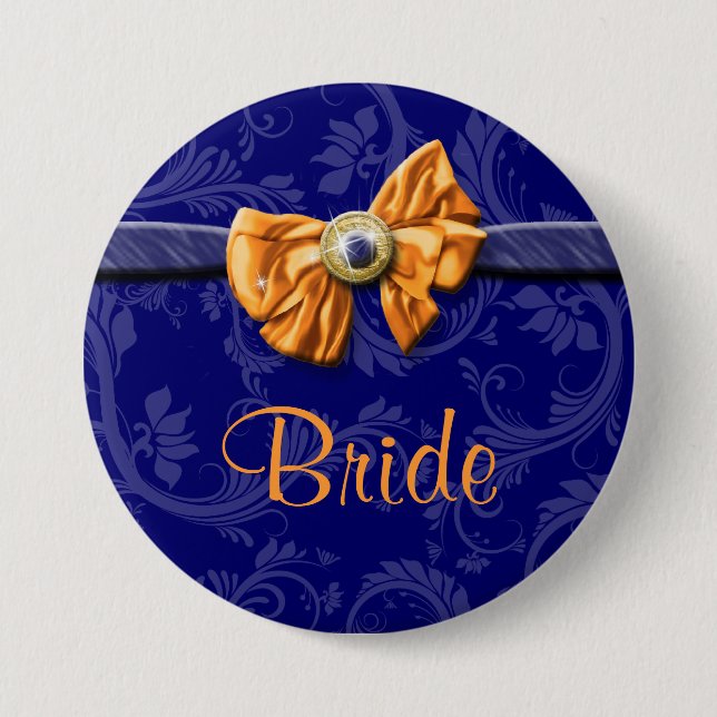 Navy blue orange bridal party wedding 3 inch round button (Front)