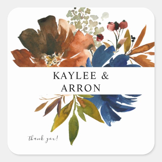Navy Blue, Orange, & Brown Floral Thank You 2 Square Sticker (Front)