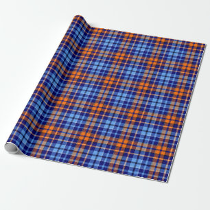 Navy Blue Orange Cyan Plaid Tartan Design  Wrapping Paper