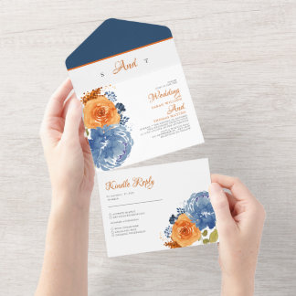 Navy Blue Orange Fall Floral Boho Wedding All In One Invitation