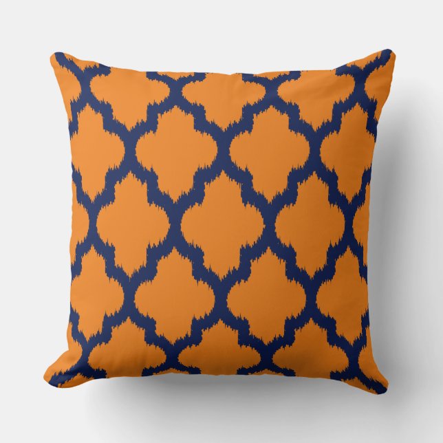 Navy Blue & Orange Quatrefoil Ikat Pattern Throw Pillow (Front)