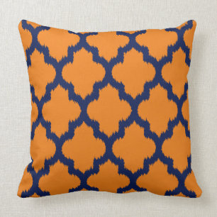 Navy Blue & Orange Quatrefoil Ikat Pattern Throw Pillow