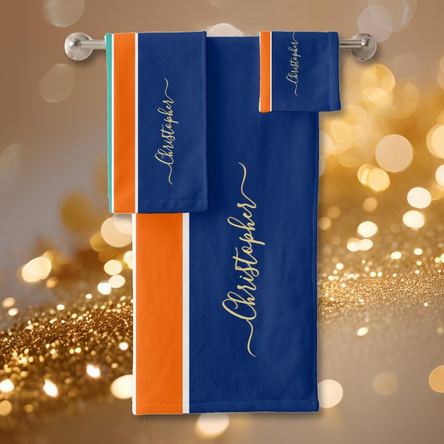 Navy Blue Orange Racing Stripes Faux Gold Monogram Bath Towel Set (Navy Blue Orange Racing Stripes Faux Gold Monogram Bath Towel Set)