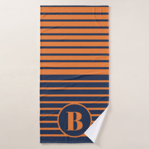 Navy Blue Orange Striped Monogram Bath Towel