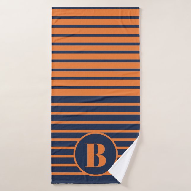 Navy Blue Orange Striped Monogram    Bath Towel (Bath Towel)