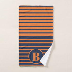 Navy Blue Orange Striped Monogram Hand Towel