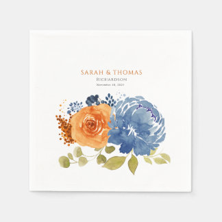 Navy Blue Orange Terracotta Boho Floral Napkin