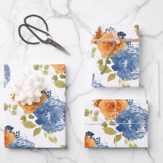 Navy Blue Orange Terracotta Boho Floral Wrapping Paper Sheet
